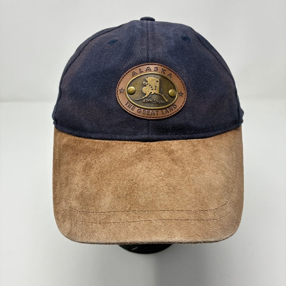 Vintage Alaska The Great Land Hat Navy Blue Suede Brim Souvenir Medallion Cap